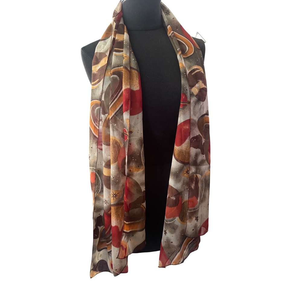 Vintage Celestial Space Planet Print Sheer Chiffon Scarf Brown Rust 
20x64" EUC